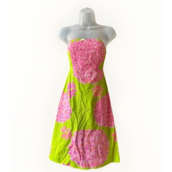Lilly Pulitzer Strapless A-Line Dress Tie-Back Pink Lime Floral Women's Size 2 - Picture 1 of 7